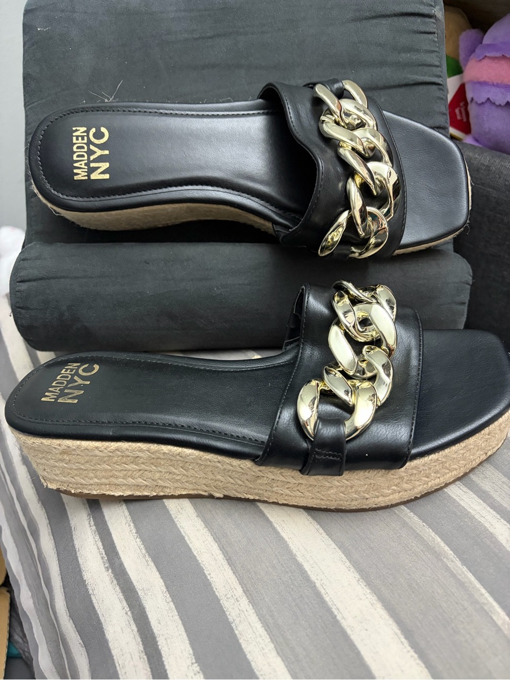 Madden NYC Black Slide with Gold Chain Espadrille Wedge